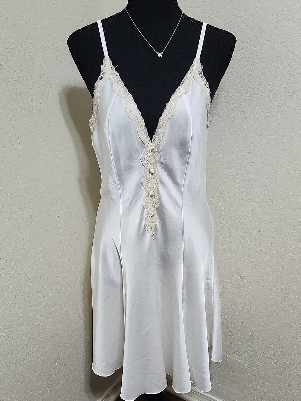 Women's White Lace-Trim Satin Slip Dress Sz L Y2K Satin Look Coquette